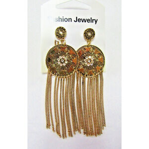 Gold Oval Aztec Inset Rhinestone Chain Dangly Earring Native American Boho Round